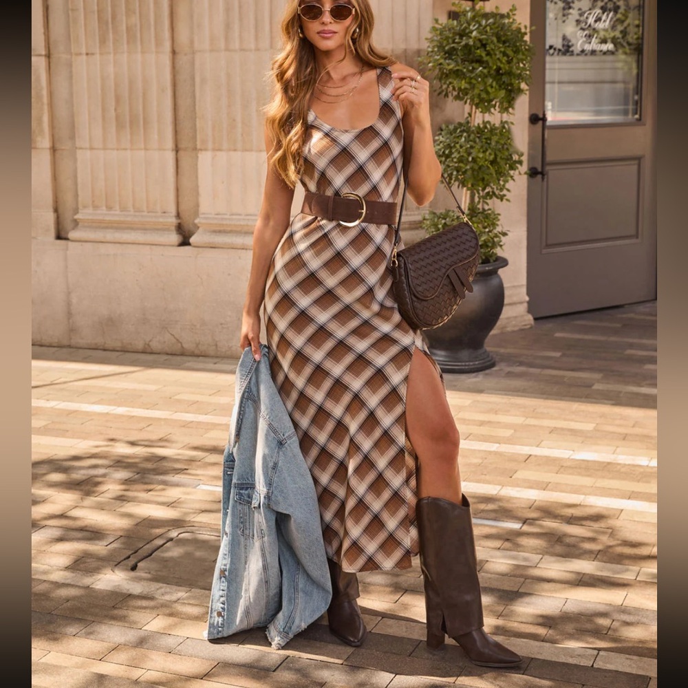 Chestnut Echo Plaid Maxi Dress from Vici size large, NWOT